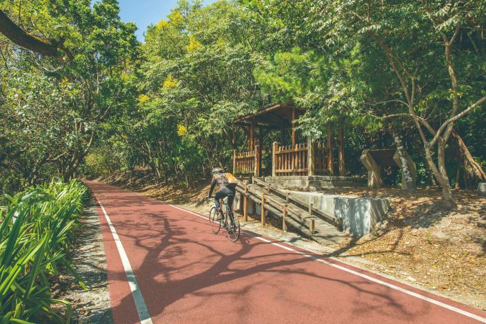 從曙光橋頭開始至花蓮港景觀橋的自行車道路段，鋪設磚紅色瀝青，帶來用路人不同的視覺體驗。