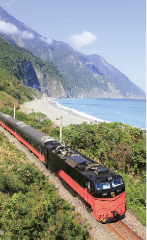 臺鐵各級列車行駛在花蓮山海間，讓火車不再只是運輸工具，本身也成為一道靚麗的風景。（林佳燕提供）